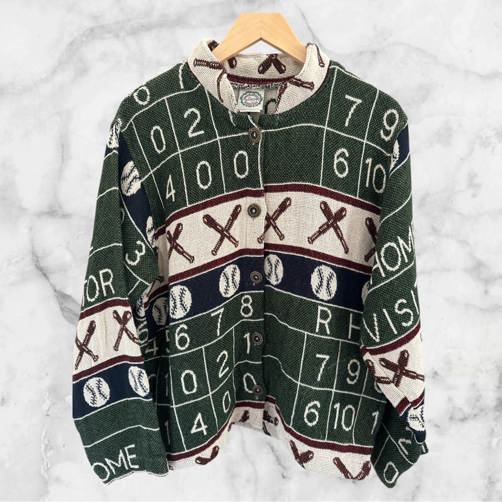 Rare, Vintage Sugar Street Weavers Baseball Patterned Cardigan Sweater, Size L